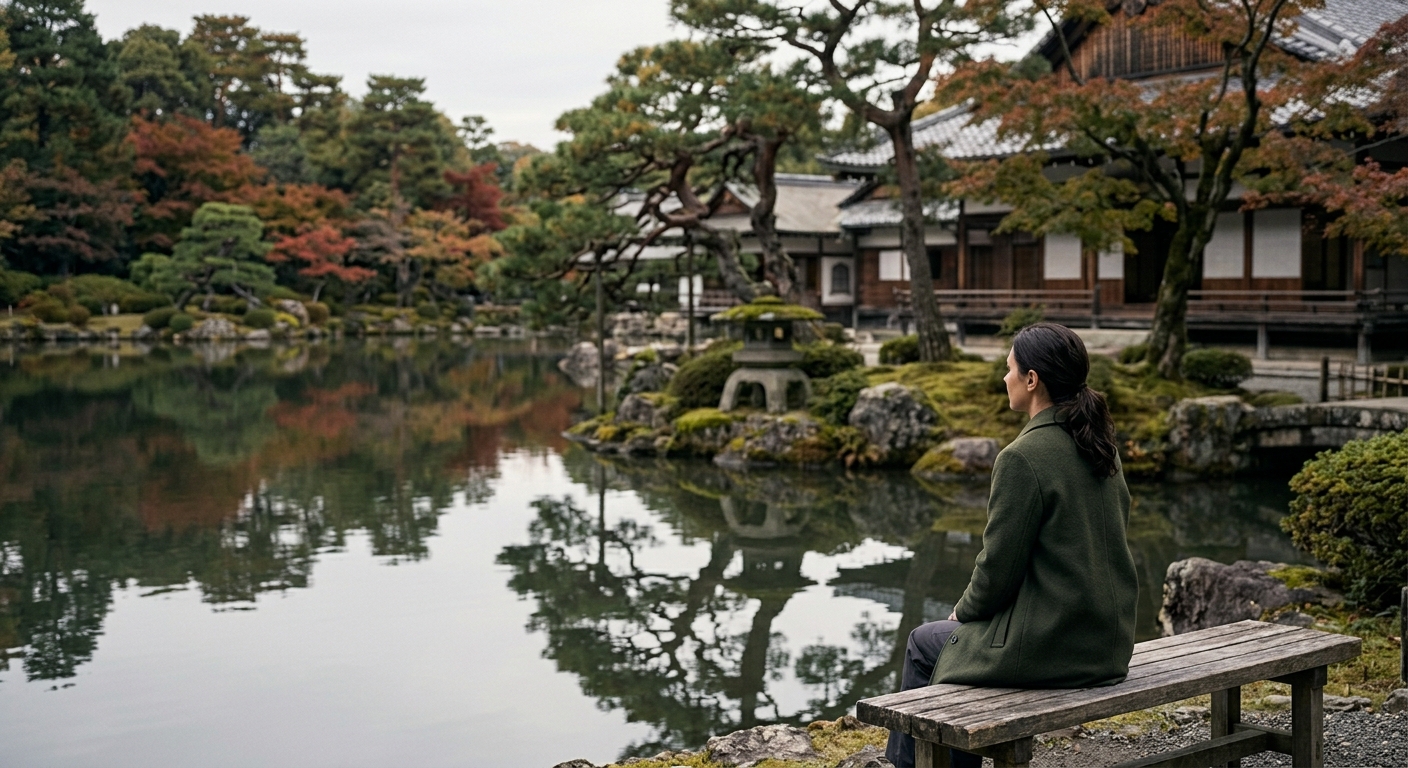A tranquil zen garden with raked sand and stones, representing restraint and peace.