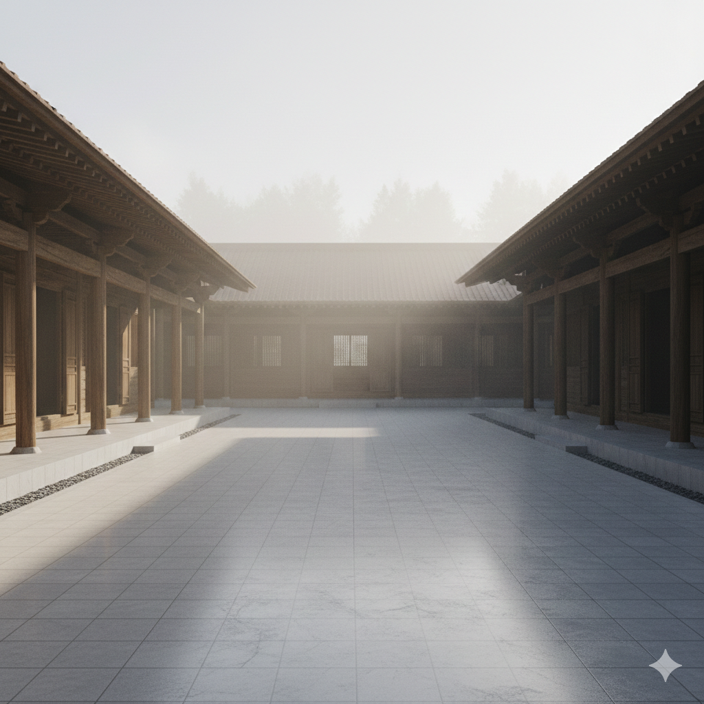 A tranquil zen garden with raked sand and stones, representing restraint and peace.