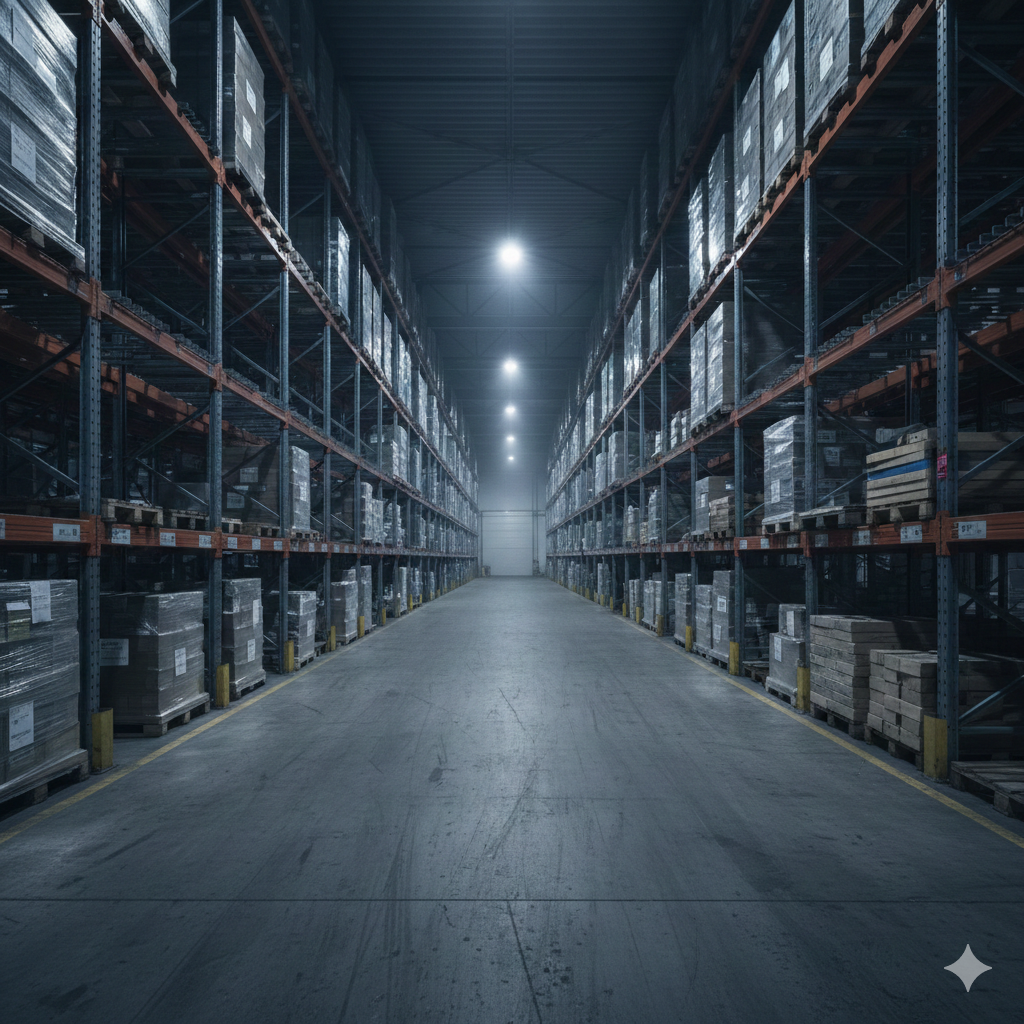 A logistics warehouse with shelves and boxes