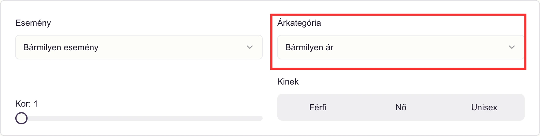 Árkategória szűrő