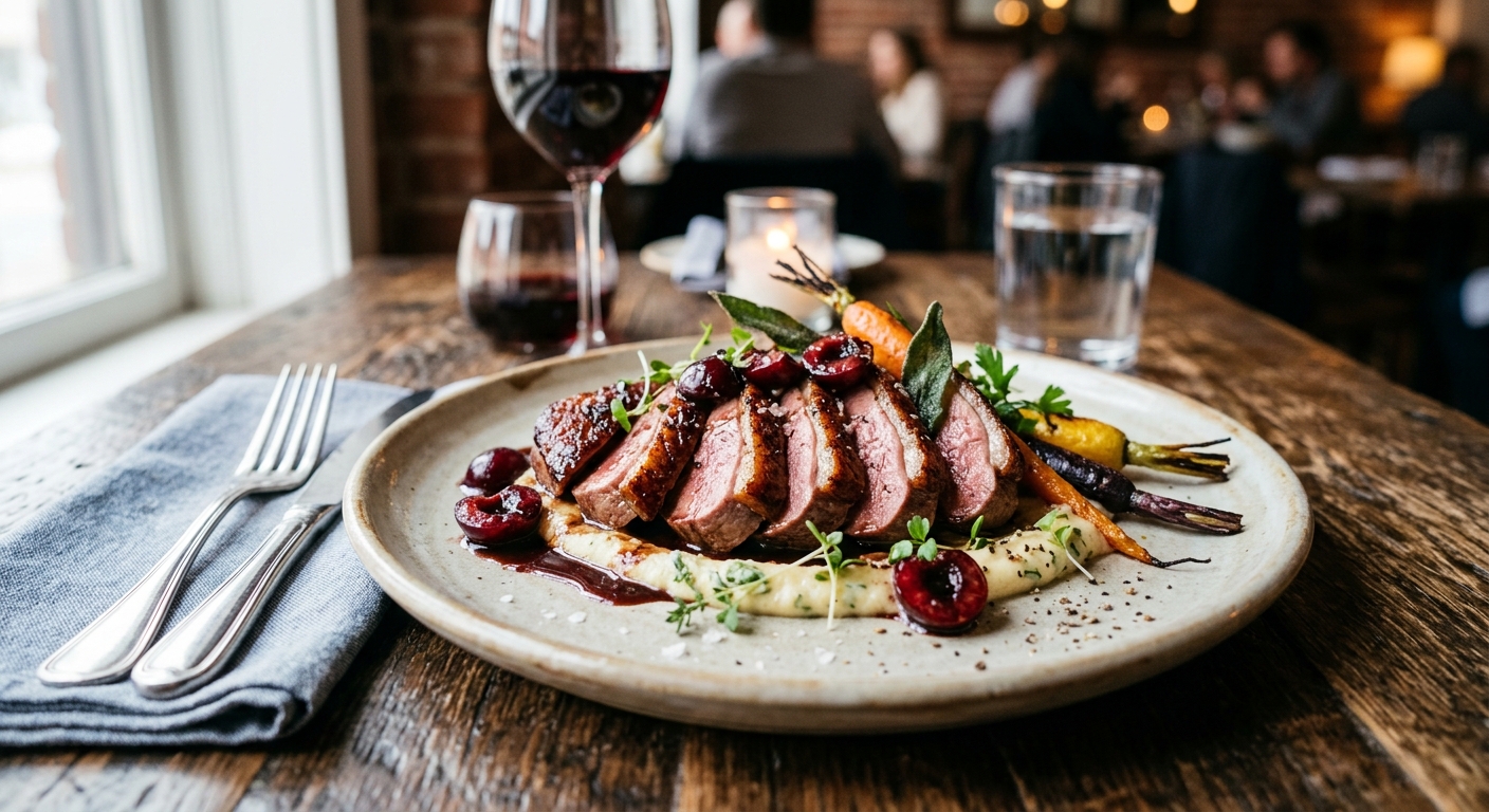 Pan-Seared Duck Breast with Cherry Glaze, Parsnip Puree, and Roasted Carrots