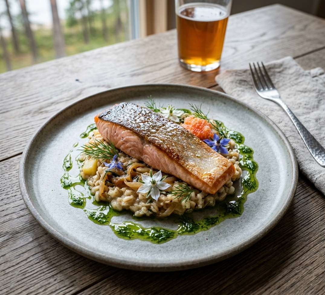 Pan-Seared Salmon with Pearl Barley Risotto and Dill Oil