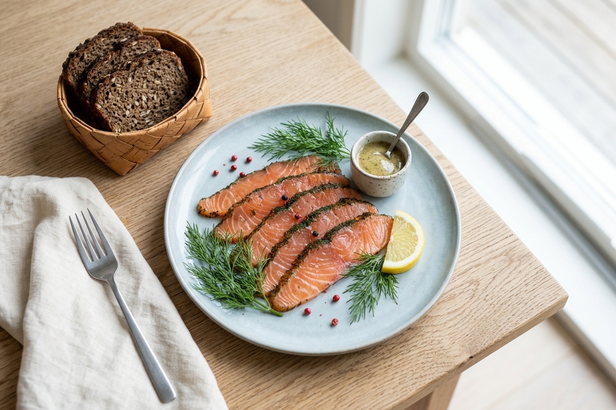 Gravlax with Dill Mustard Sauce and Rye Bread