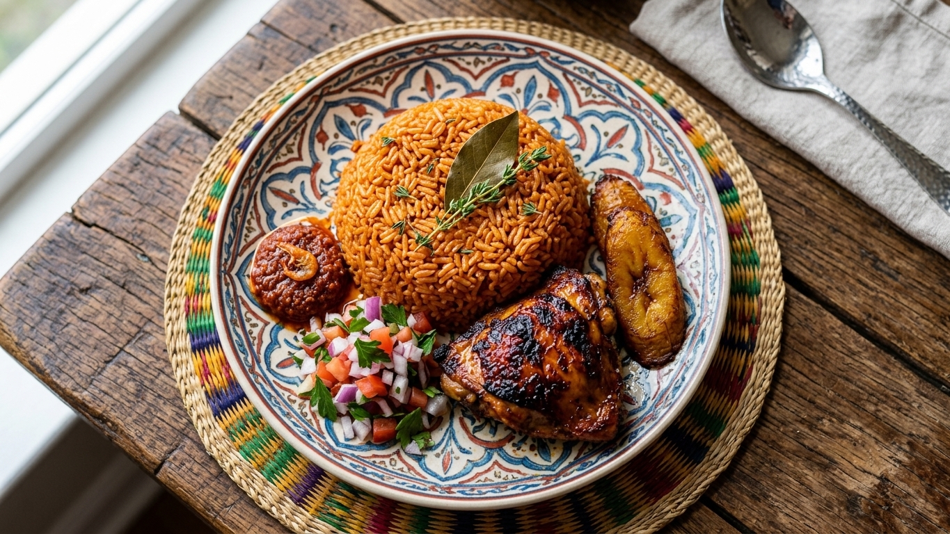 Jollof Rice with Grilled Chicken and Fried Plantain