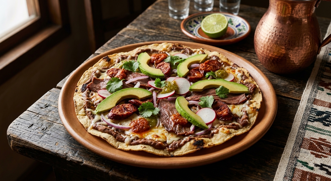 Oaxacan Tlayuda with Chorizo and Steak