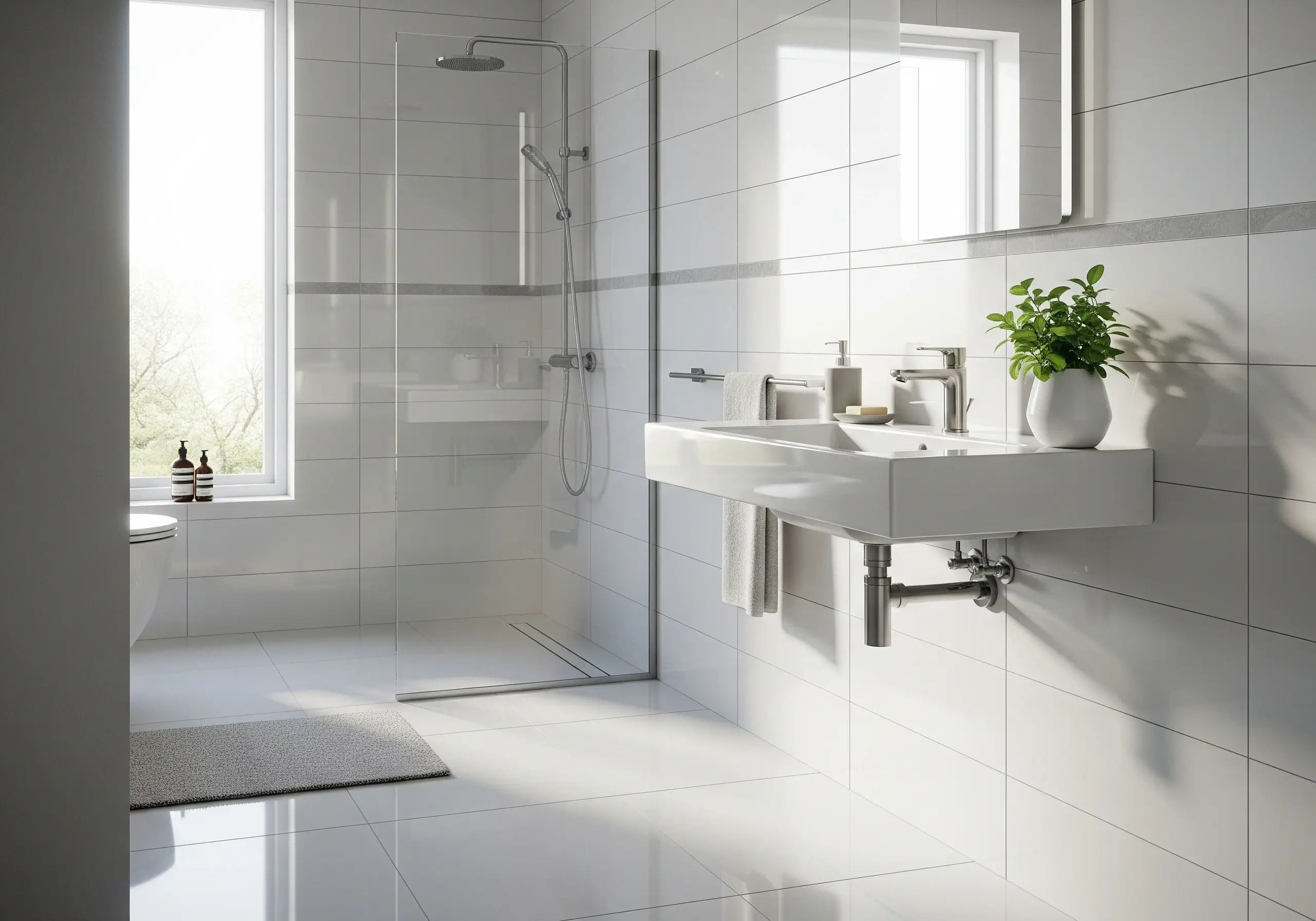 An elegant bathroom featuring beautiful wall and floor tiles.