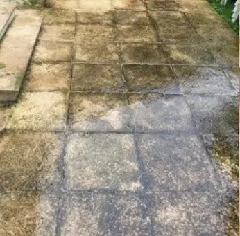 Une terrasse en pierre sale et envahie par la végétation