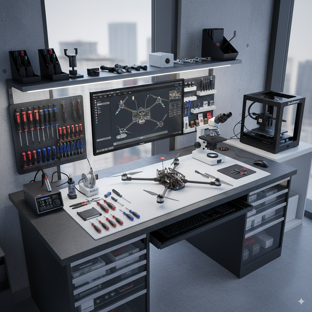Close-up of a drone's circuit board being repaired.