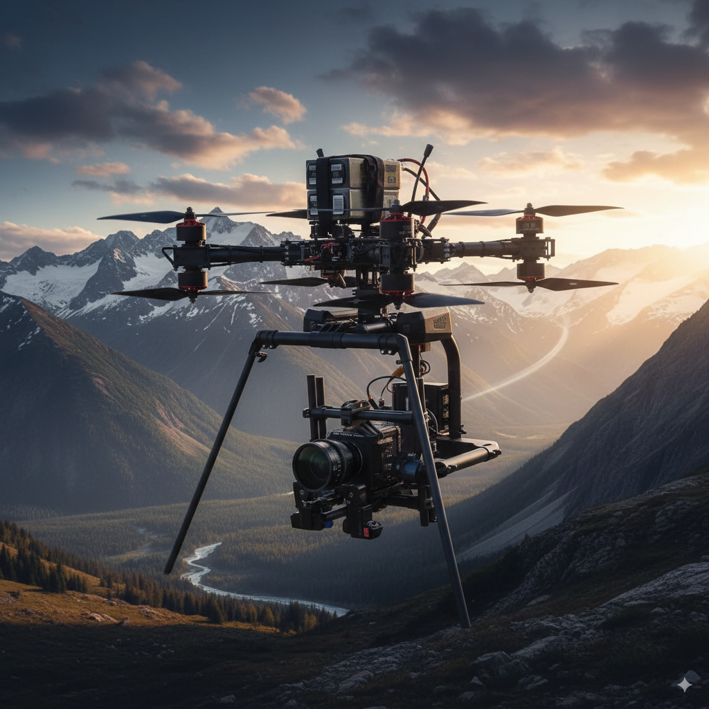 A drone flying towards a dramatic mountain range.