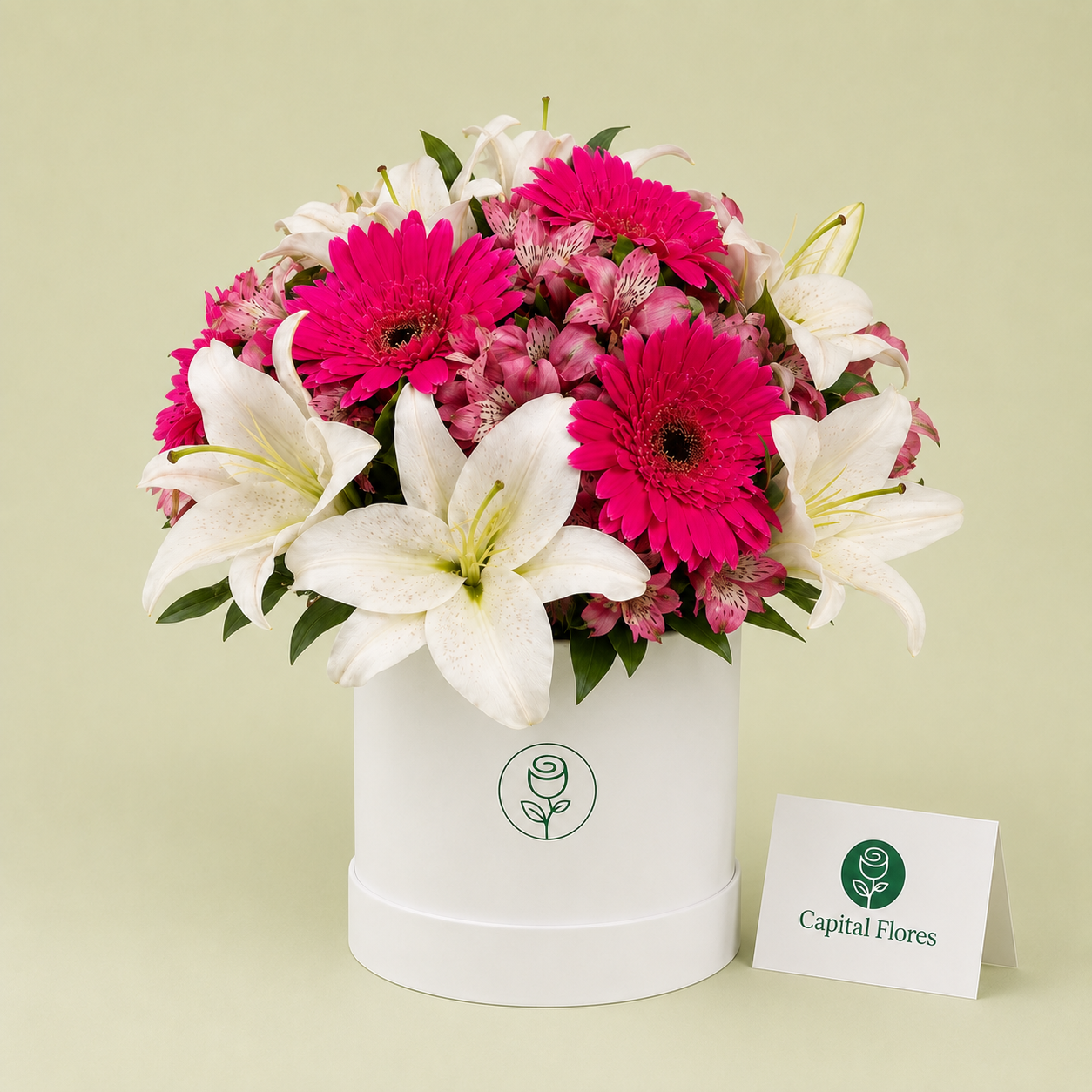 Gerberas, astromelias y lirios Rositas en caja