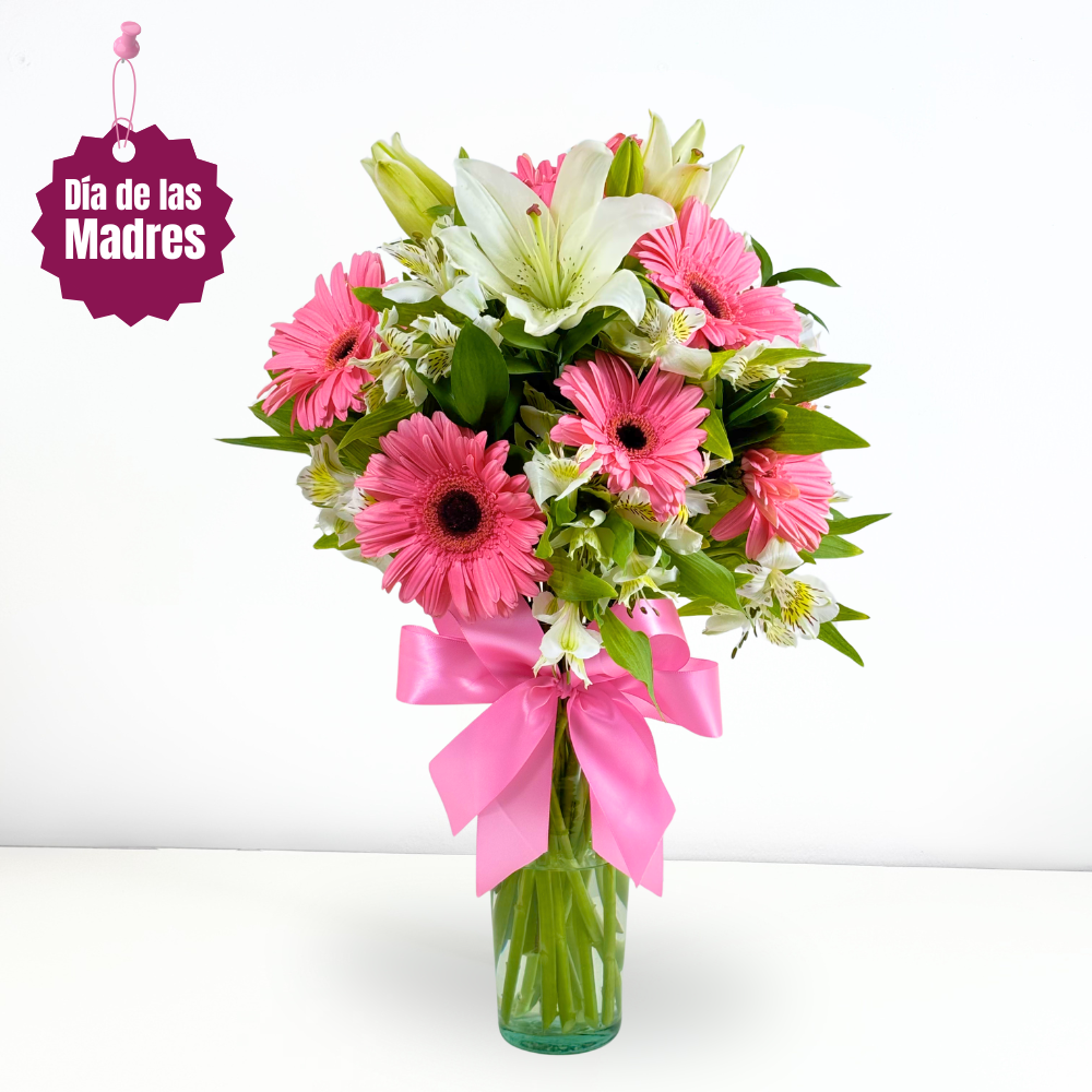 Gerberas, lilis y astromelias  en florero