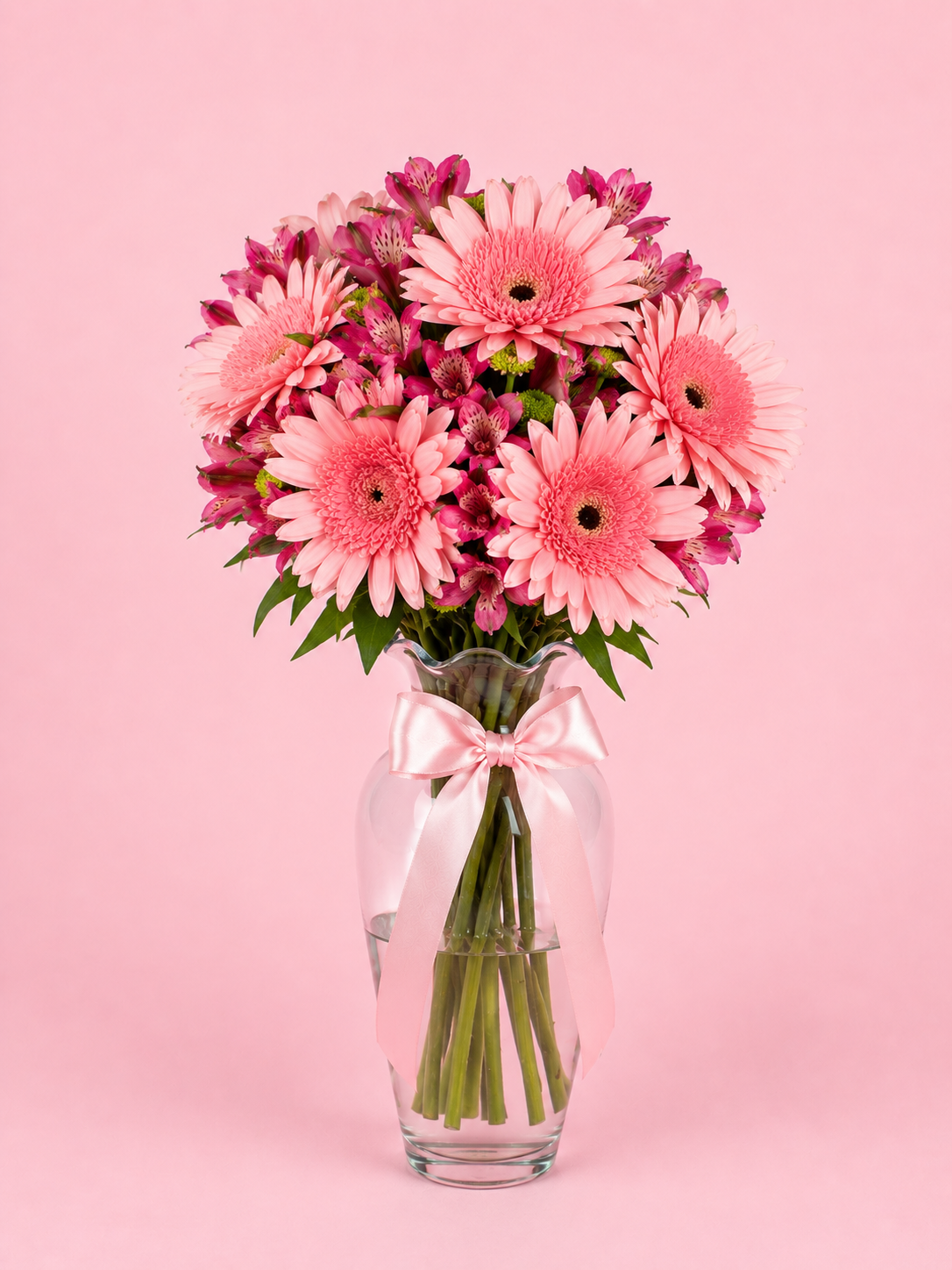 Gerberas y astromelias rositas en jarrón
