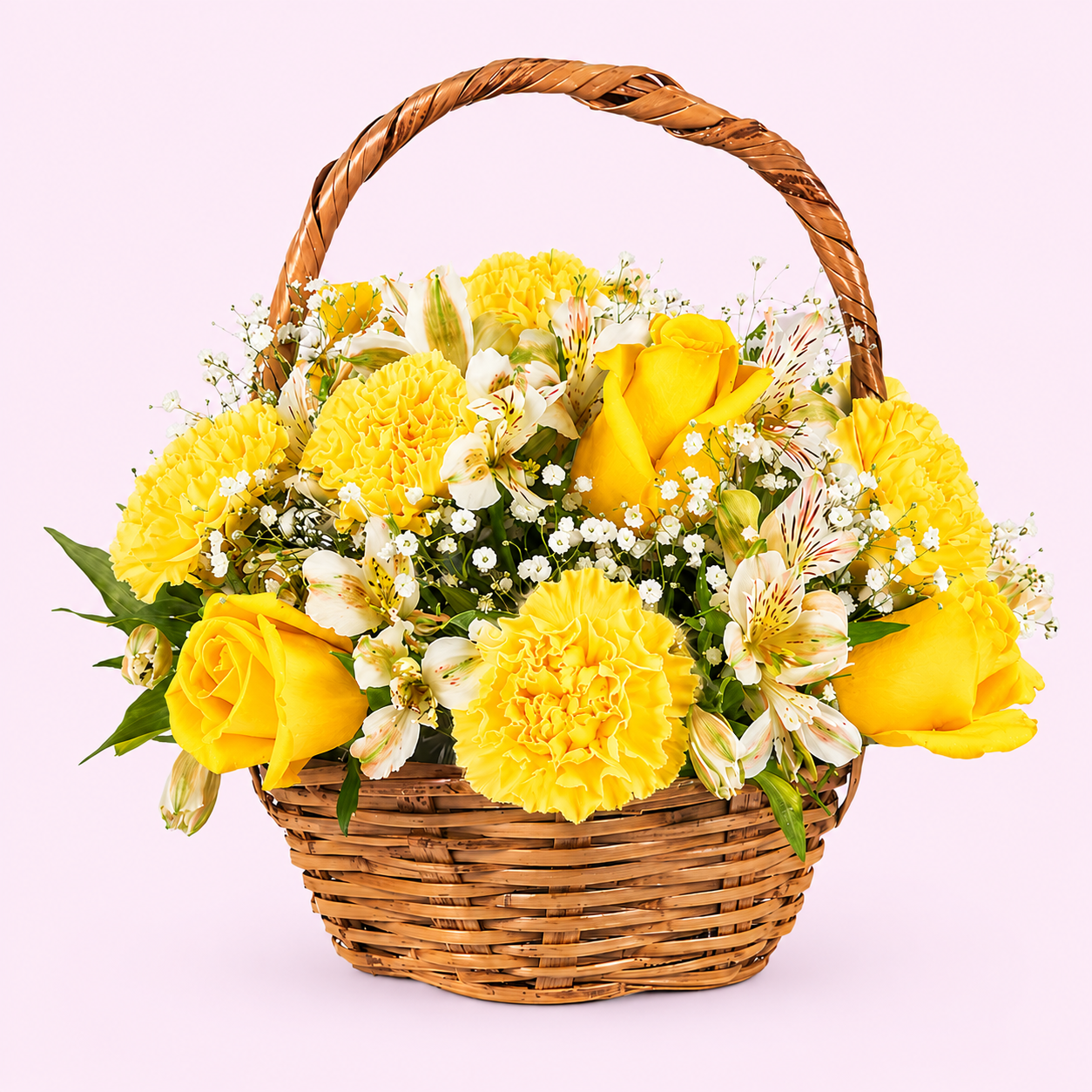 Basket with carnations and yellow roses