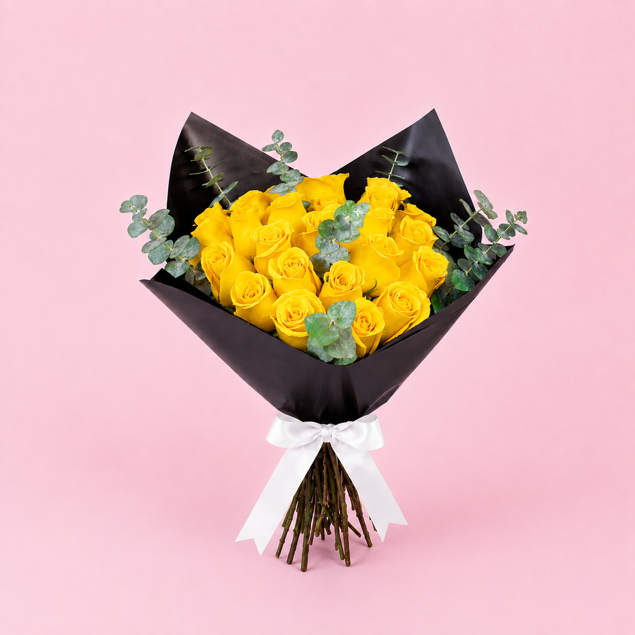 Bouquet of 24 yellow roses and eucalyptus