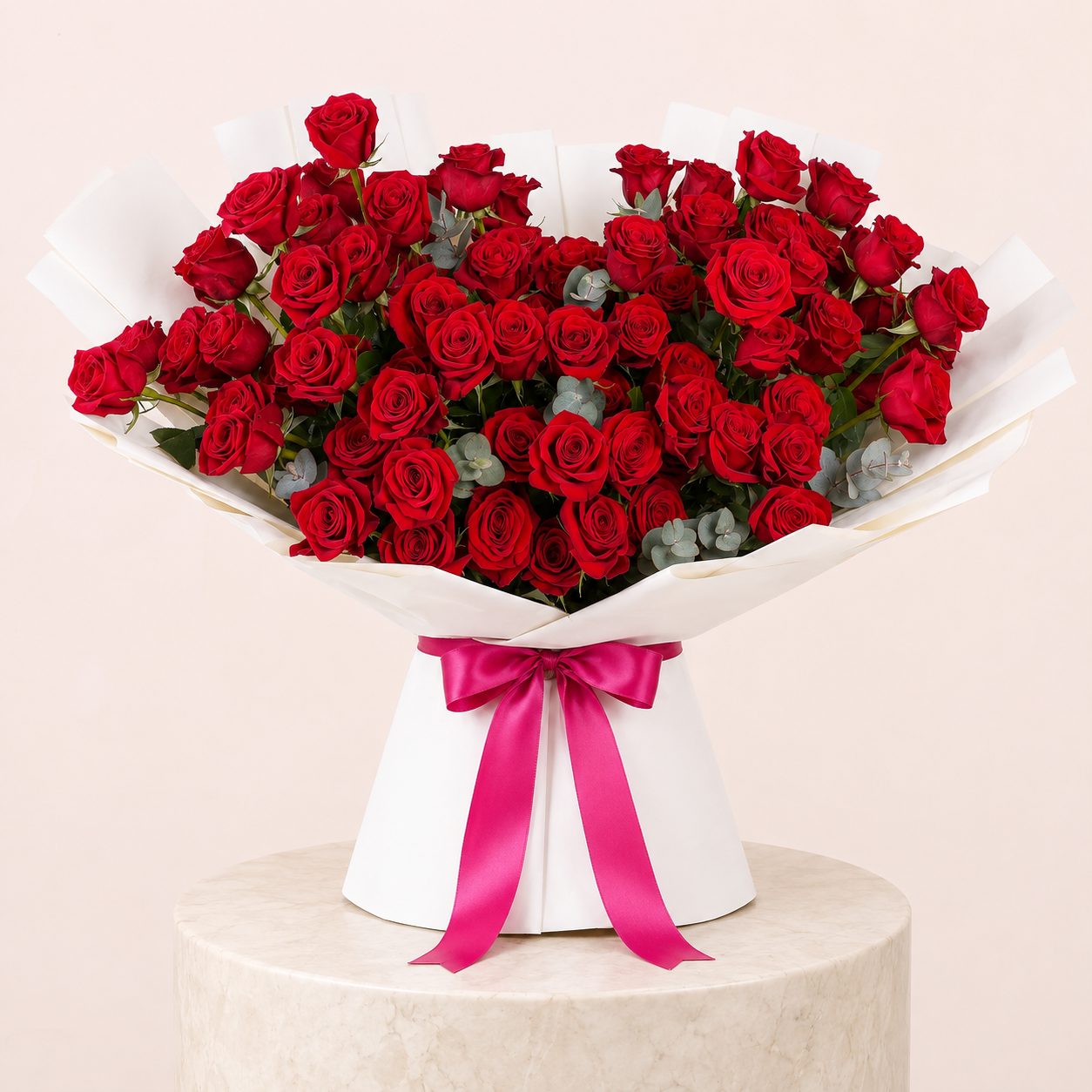 Bouquet of 50 Red Roses with Foliage and Pink Ribbon
