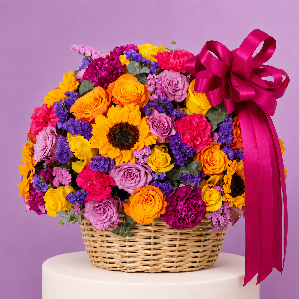 Canasta de Girasoles, Rosas y Claveles Vibrantes