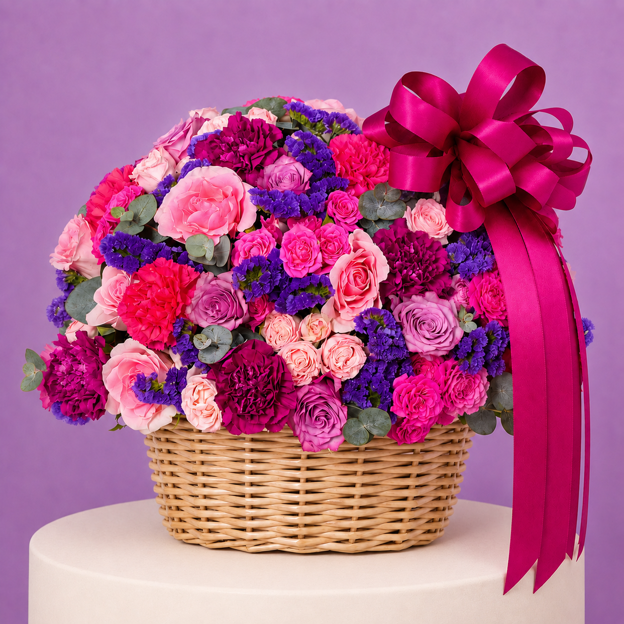 Rosas, claveles y estaticia en canasta con moño fucsia