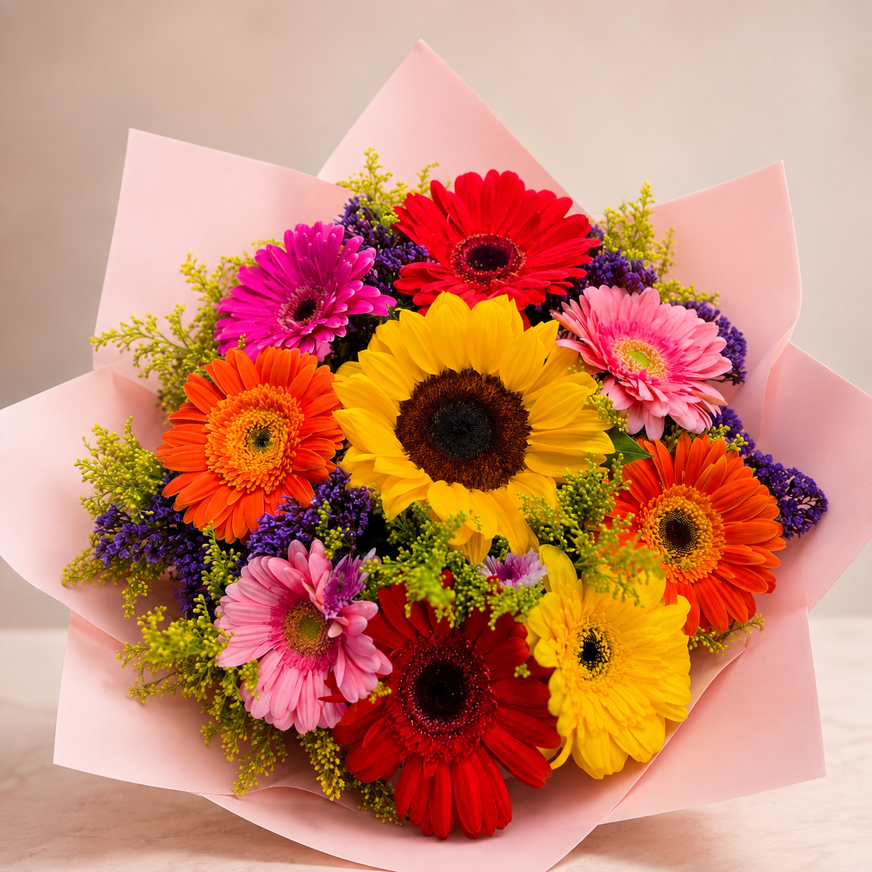 Ramo de Girasol y Gerberas de Colores con Envoltura Rosa
