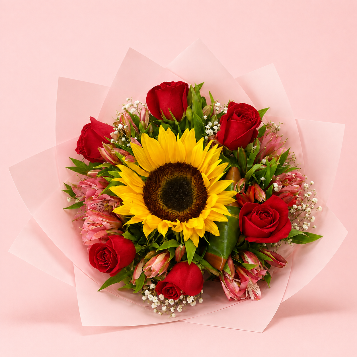 Ramo de Girasol, Rosas Rojas y Alstroemerias Rosas