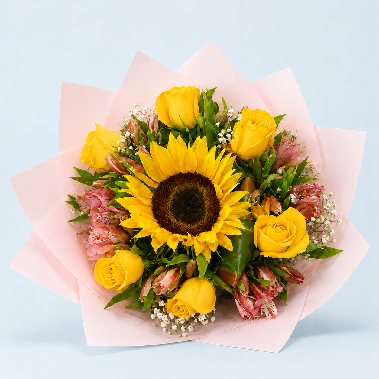 Ramo de Girasol, Rosas Amarillas y Alstroemerias Rosas