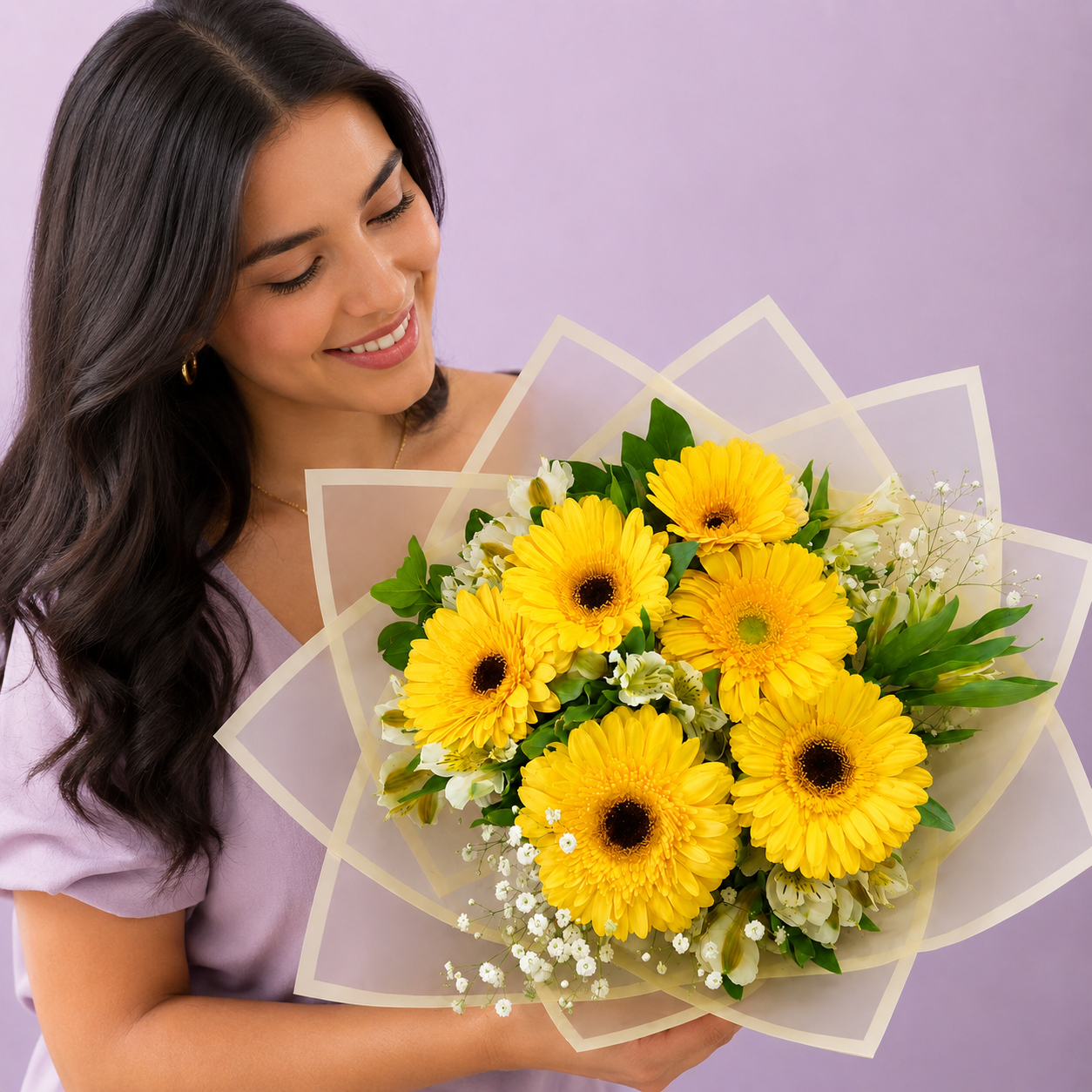 Ramo de Gerberas Amarillas y Alstroemerias con Follaje