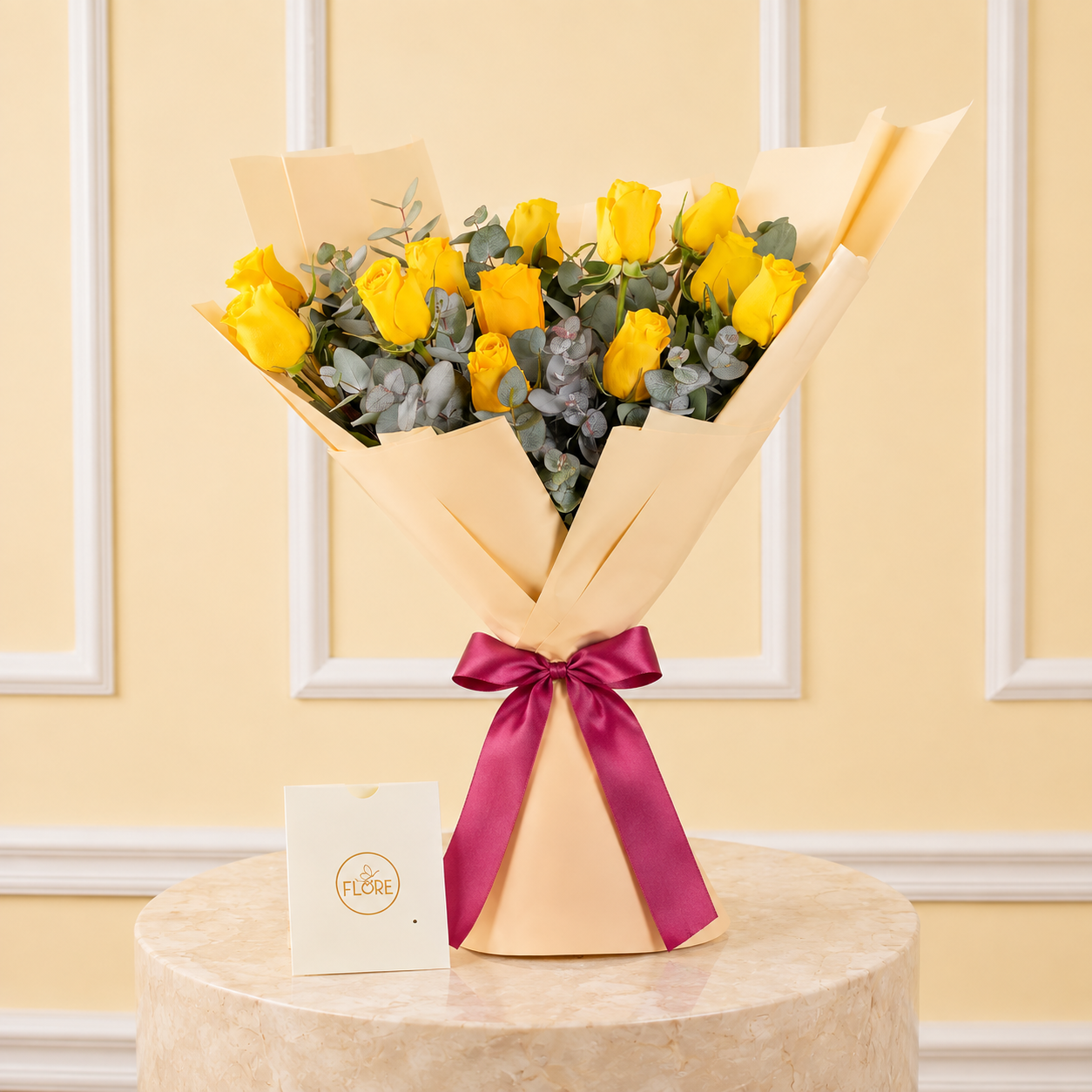 Bouquet de Rosas Amarillas y Eucalipto