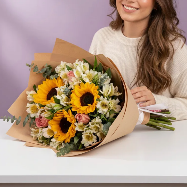 Girasoles, astromelias y rosas en ramo - Capital Flores con envío a domicilio hoy
