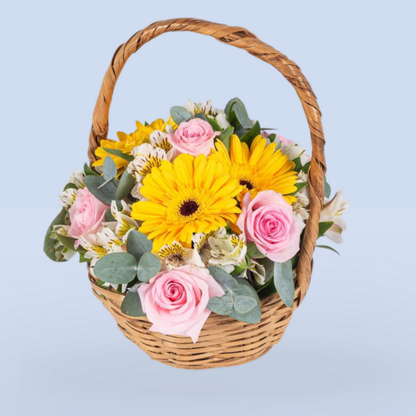 Canasta con rosas rositas, gerberas amarillas y astromelias blancas - Capital Flores con envío a domicilio hoy