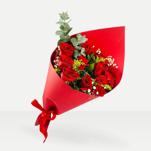 Ramo de 24 rosas rojas y follajes