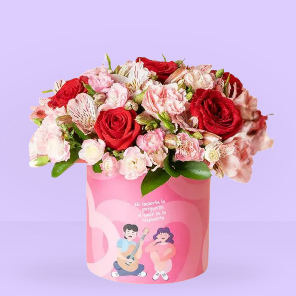 Rosas rojas, claveles mini y astromelias en caja