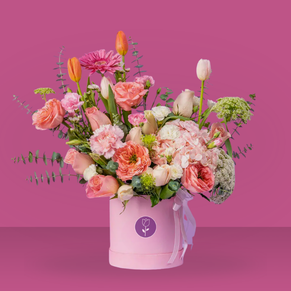 Caja Premium de tulipanes, claveles, rosas, hortensias rositas - Capital Flores con envío a domicilio hoy