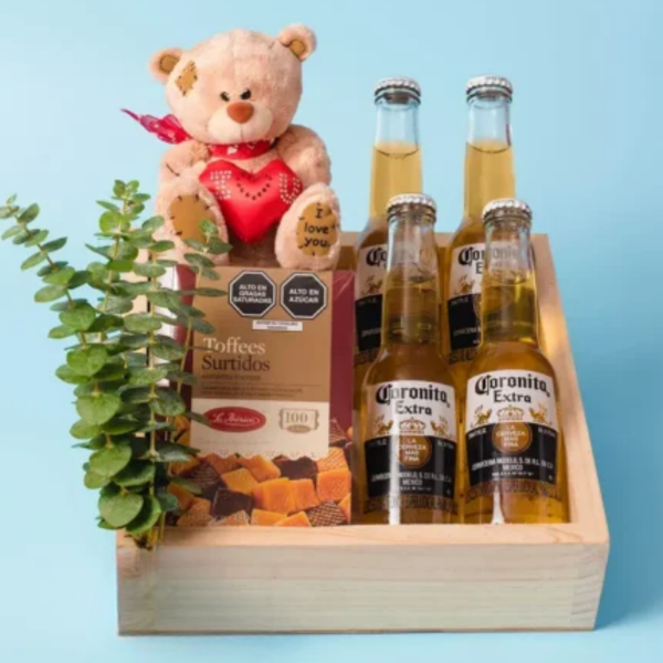 Kit: Toffes, cervezas y osito peluche en caja