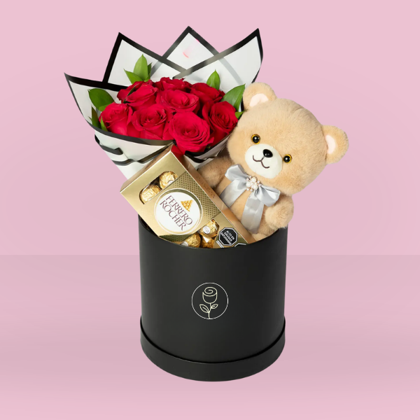 Kit 12 rosas, osito y chocolates ferrero rocher en caja