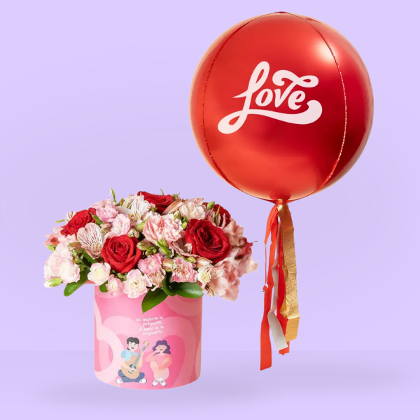 Kit: Red roses, carnations and red alstroemerias in a box with a red sphere balloon - Capital Flores with same-day home delivery