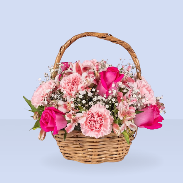 Carnations, alstroemerias and pink roses with baby's breath in a basket - Capital Flores with same-day home delivery