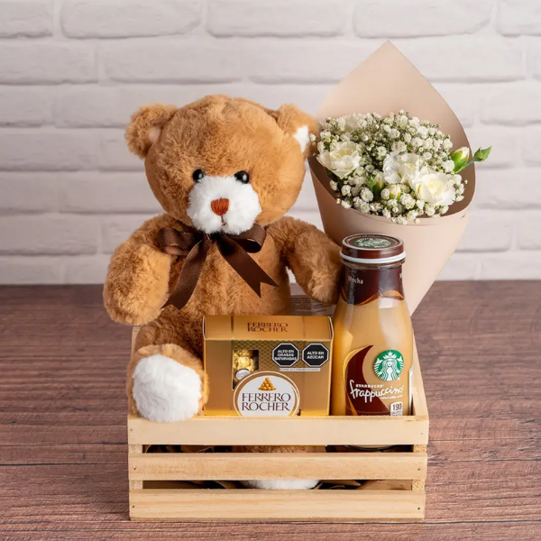 Kit: Teddy bear, Ferrero Rocher chocolates, Starbucks and carnations in a boxed bouquet - Capital Flores with same-day home delivery