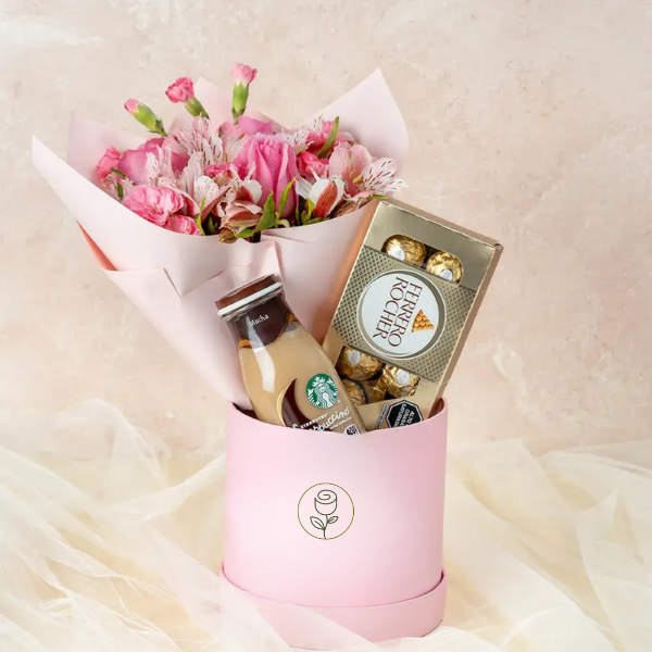 Kit Ramo re rosas, astromelias y claveles, starbucks coffe y chocolates ferrero rocher en caja - Capital Flores con envío a domicilio hoy