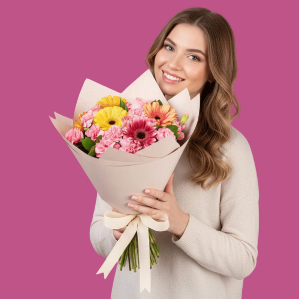 Gerberas mixtas y claveles rositas en ramo 
