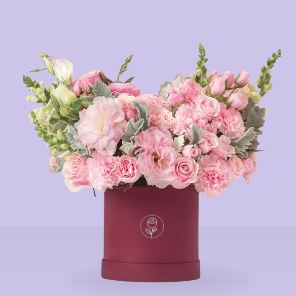 Rosas, claveles, perritos y lisianthus rositas en caja