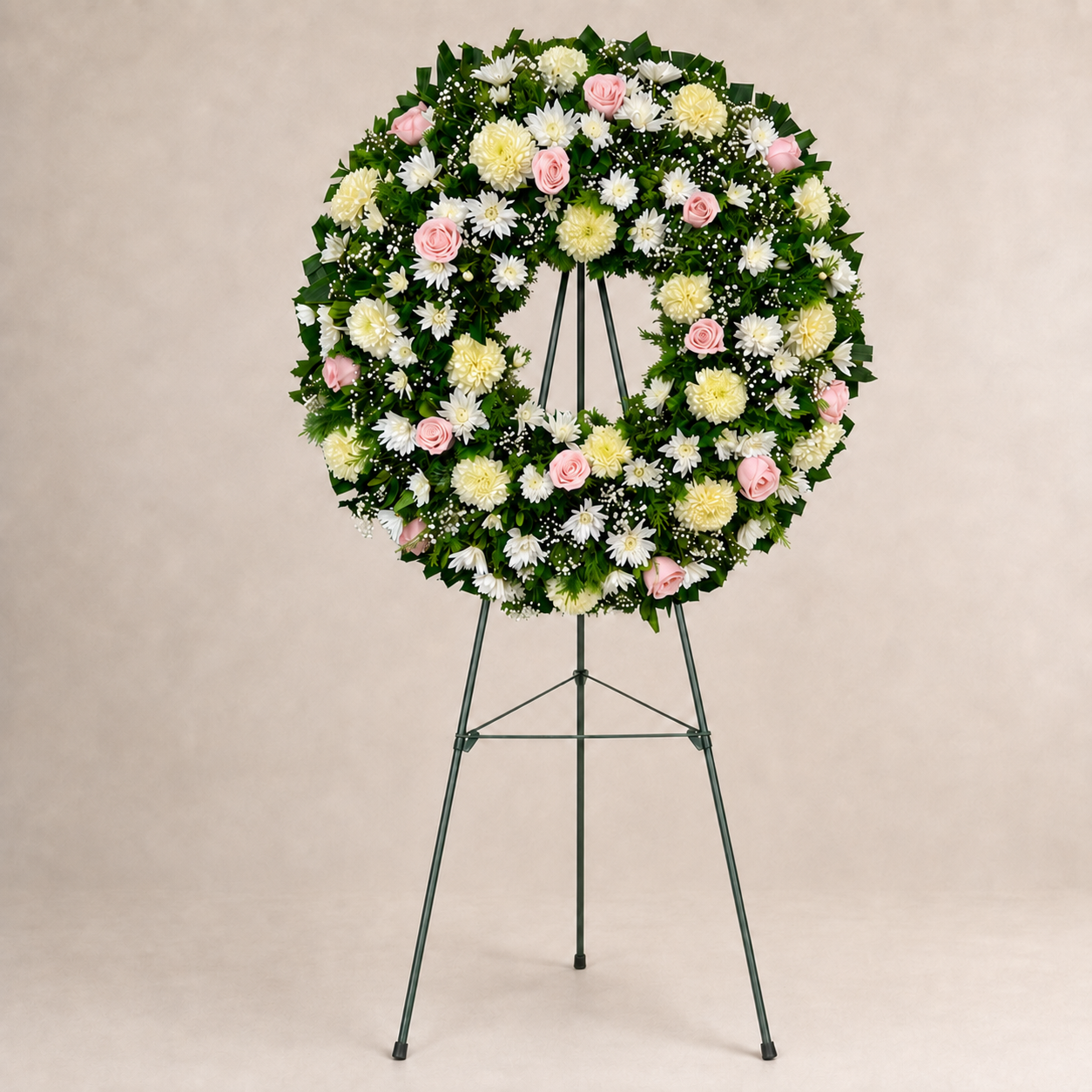 Corona Fúnebre de Rosas Rosadas, Crisantemos Amarillos y Follaje
