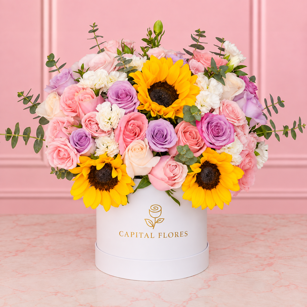 Rosas, Girasoles y Lisiantus en Caja