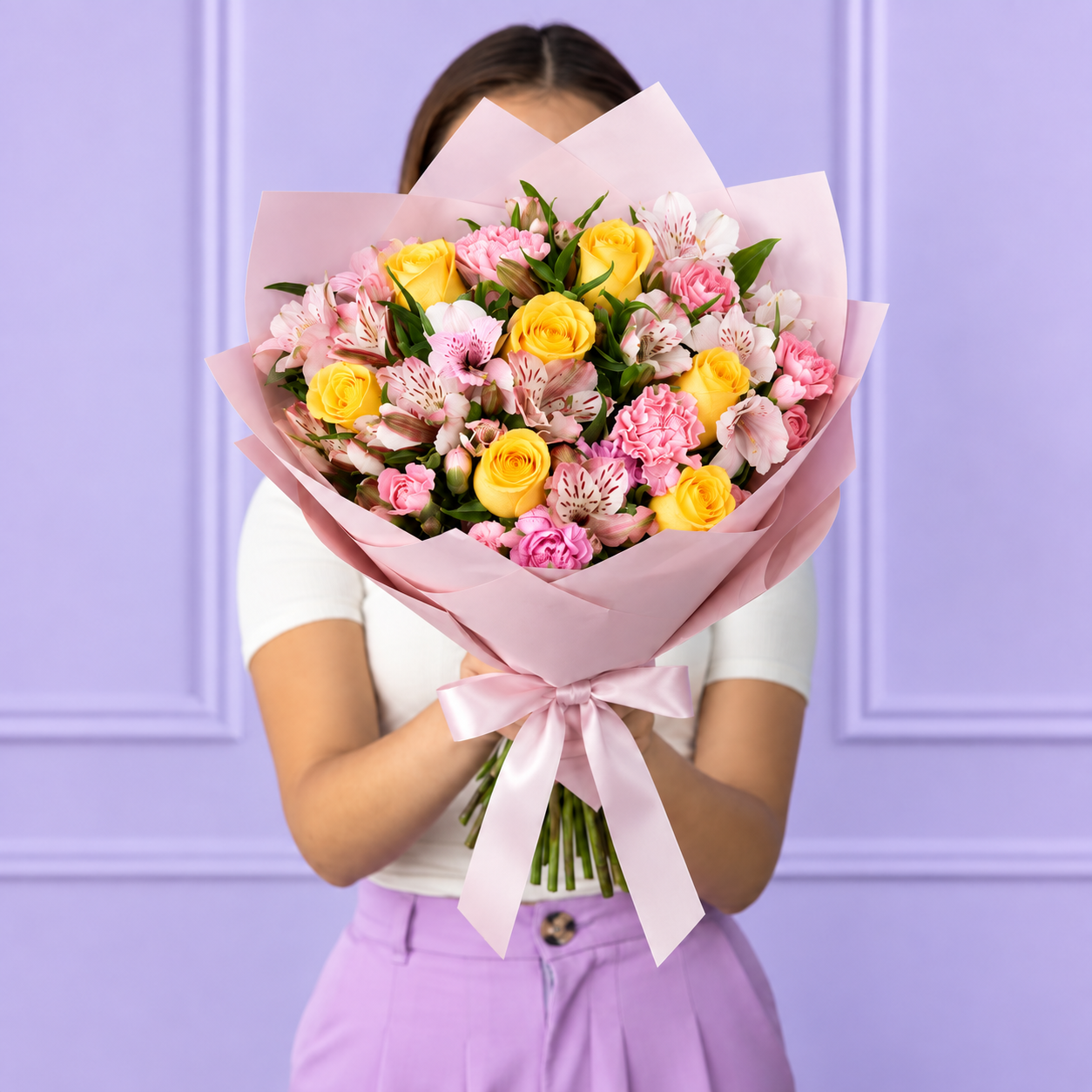 Rosas amarillas, claveles y alstroemerias rosadas