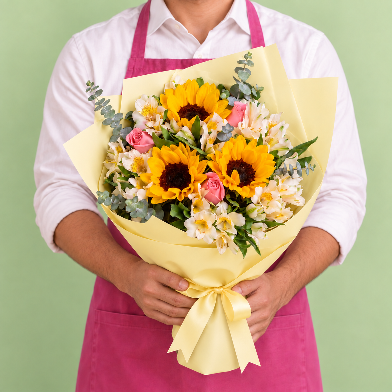 Bouquet de Girasoles, Rosas Rosas y Alstroemerias en Papel Amarillo