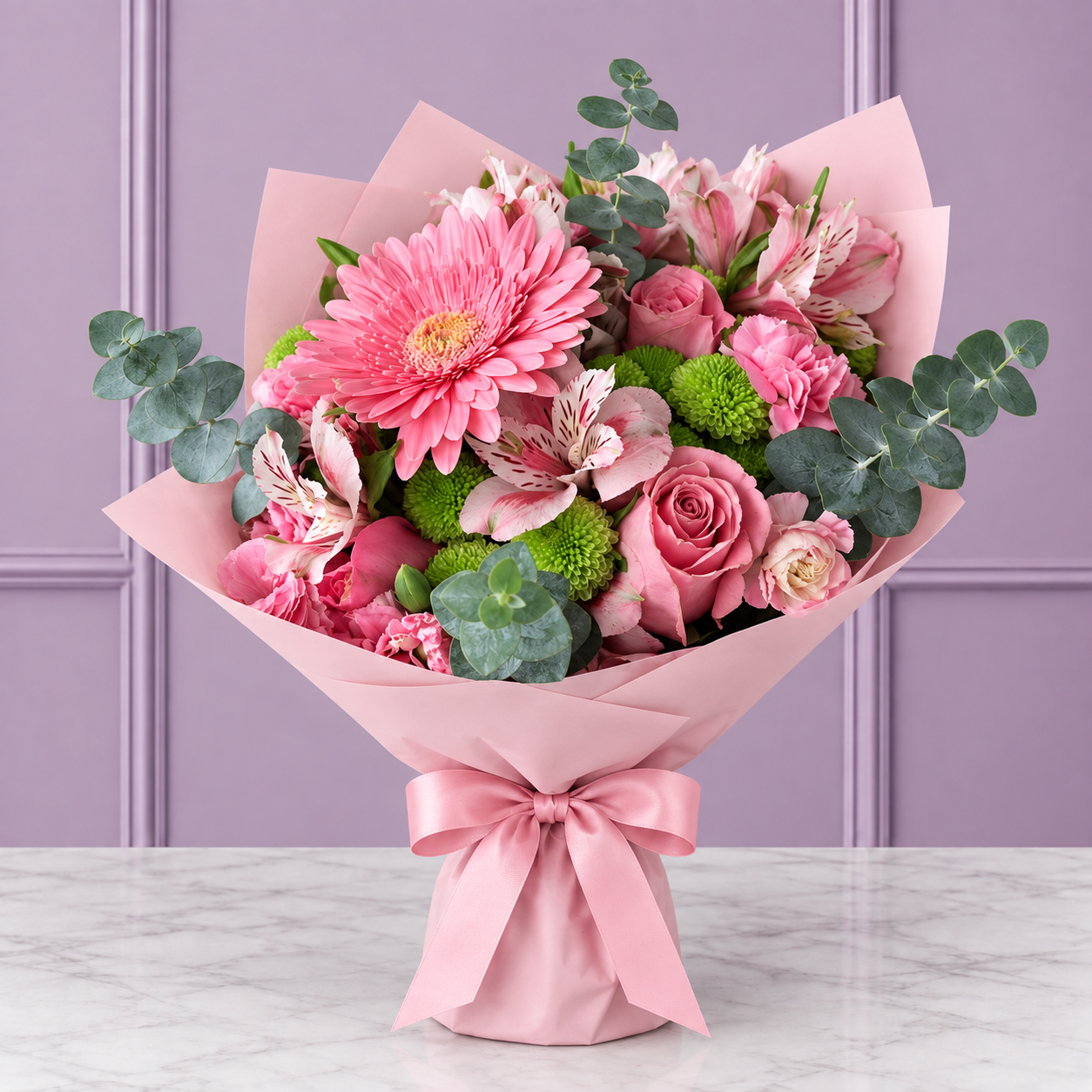 Rosas Rosas, Gerbera y Alstroemerias en Ramo Envuelto