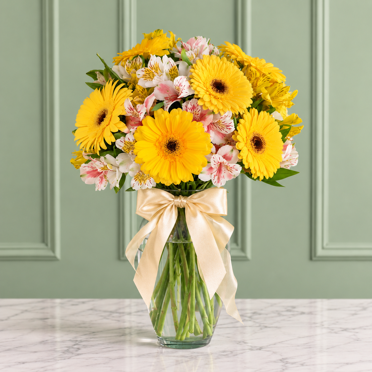 Gerberas, Alstroemerias y Solidago Amarillos en Jarrón con Moño
