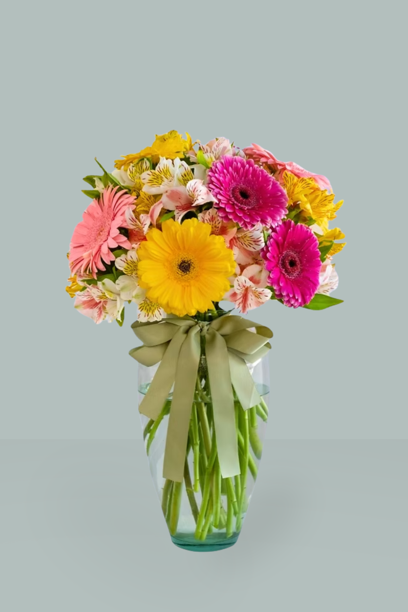 Arreglo de Gerberas y Alstroemerias Mixtas en Florero con Moño Verde - Capital Flores con envío a domicilio hoy