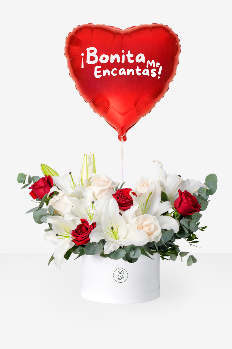 Arreglo de Lirios Blancos, Rosas Rojas y Rosas Crema en Caja con Globo - Capital Flores con envío a domicilio hoy
