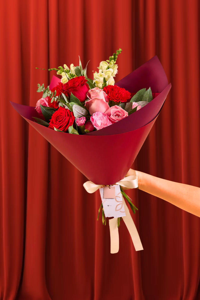 Bouquet of Red Roses, Pink Roses, and Red Carnations
