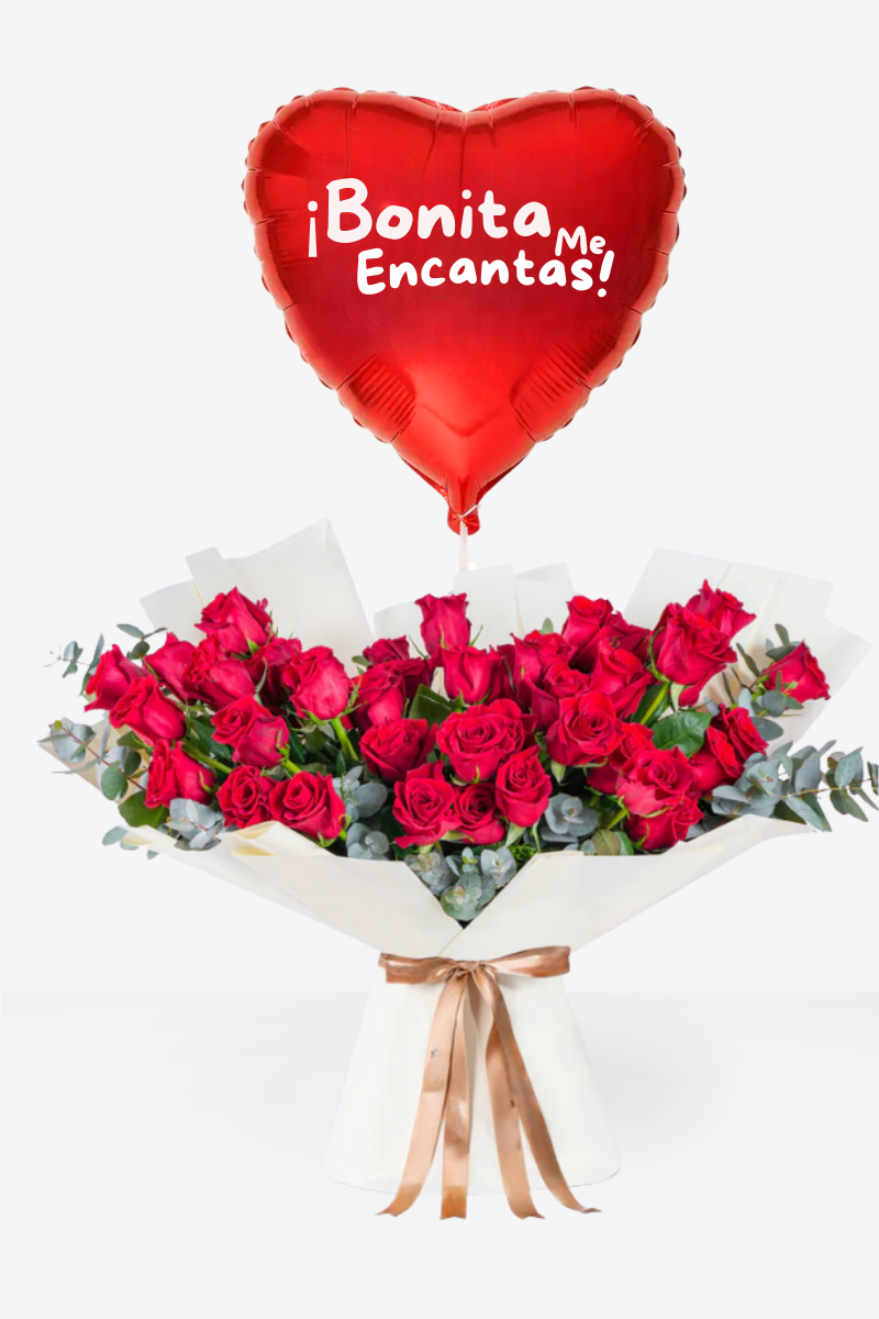 Ramo de 36 Rosas Rojas con Eucalipto y Globo Corazón 'Bonita Me Encantas!' - Capital Flores con envío a domicilio hoy