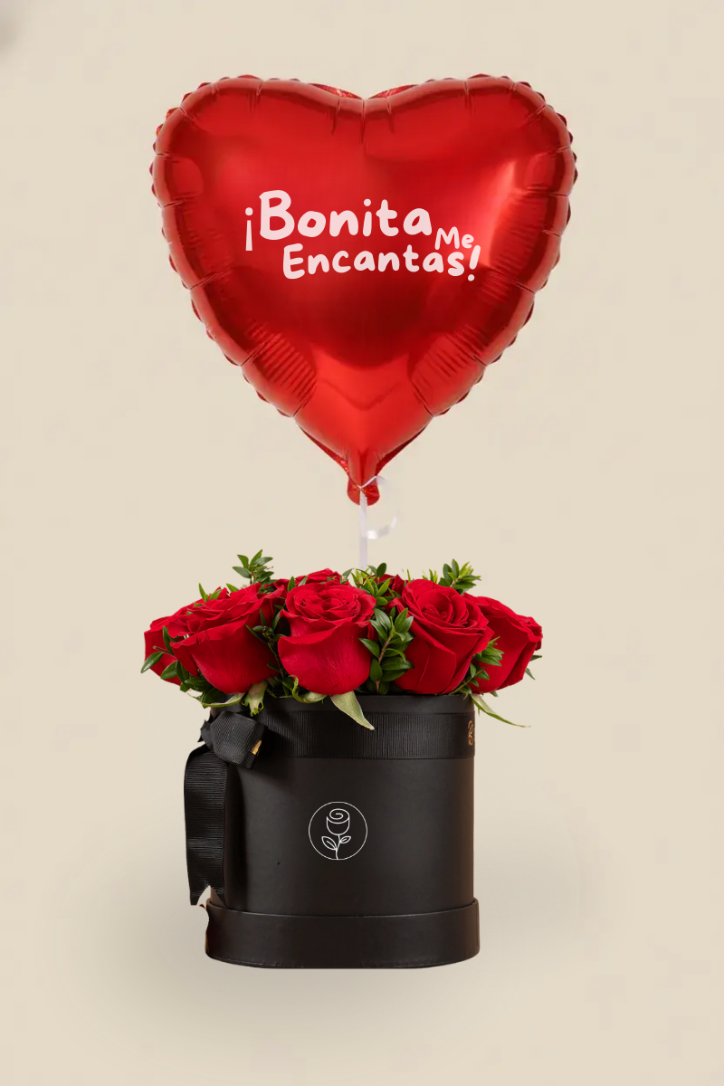 Caja de Rosas Rojas con Globo de Corazón ¡Bonita Me Encantas! - Capital Flores con envío a domicilio hoy